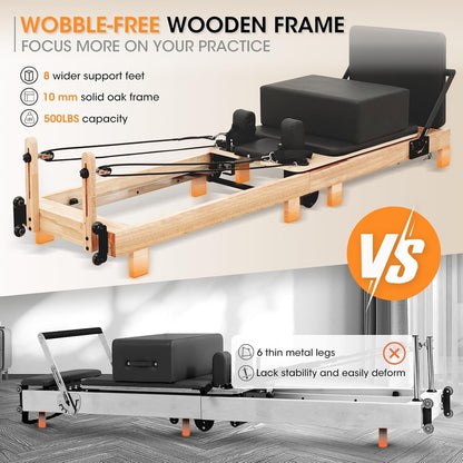 Pilates Reformer,  92" Wooden Pilates Reformer Machine with Springs, Pilates Machines for Home Use and Studio, Pilates Equipment with Sitting Box, Jump Board and Accessories