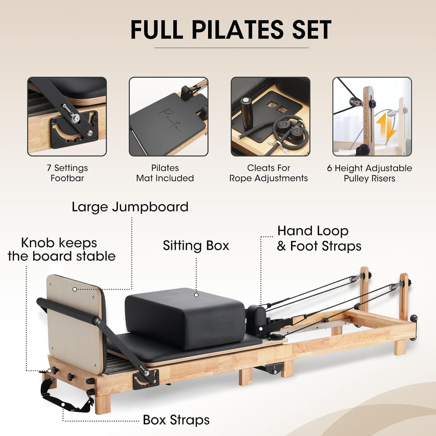 Pilates Reformer,  92" Wooden Pilates Reformer Machine with Springs, Pilates Machines for Home Use and Studio, Pilates Equipment with Sitting Box, Jump Board and Accessories