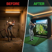 Golf Simulator Enclosure Net 10X8Ft Golf Practice Simulator with HD Impact Screen Kit & Sturdy EPE Foam-Filled Frame Golfs Cage Net with Safety Side Nets for Home Indoor Setup — Before & After