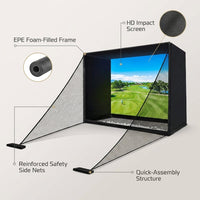 Golf Simulator Enclosure Net 10X8Ft Golf Practice Simulator with HD Impact Screen Kit & Sturdy EPE Foam-Filled Frame Golfs Cage Net with Safety Side Nets for Home Indoor Setup — infographic