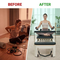 Pilates Reformer Foldable, Suitable for Intermediate and Beginners Users, Pilates Equipment for Home Gym Studio Use with 4 Adjustable Resistance Spring, up to 400 LBS — Before & After