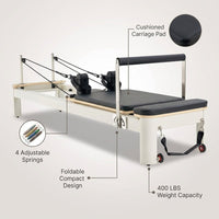 Pilates Reformer Foldable, Suitable for Intermediate and Beginners Users, Pilates Equipment for Home Gym Studio Use with 4 Adjustable Resistance Spring, up to 400 LBS — infographic